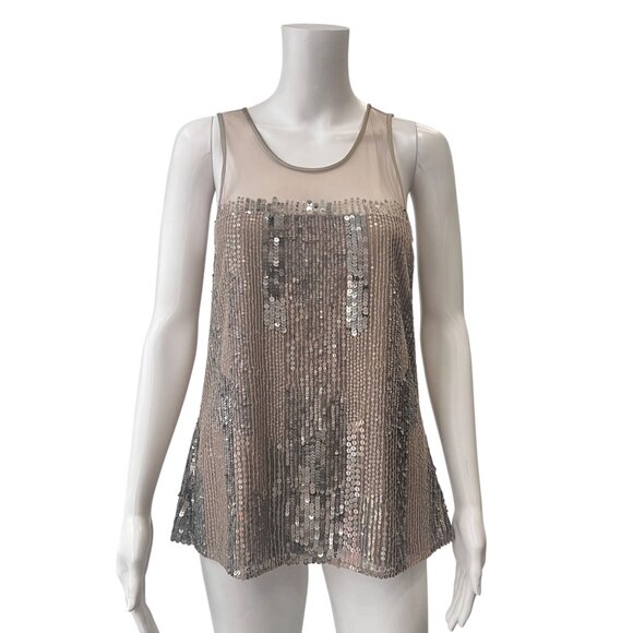 $285 Parker Beige Rose Gold Sequin Mesh Cami Tank Top size Small - Picture 1 of 9